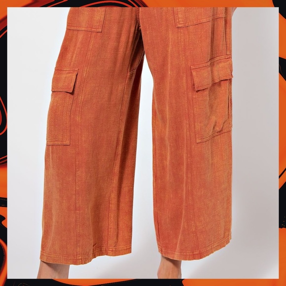 EASEL "Linen Lounge" Cotton Blend Mineral Washed Wide Leg Pants W/ Cargo Pockets - Picture 12 of 15
